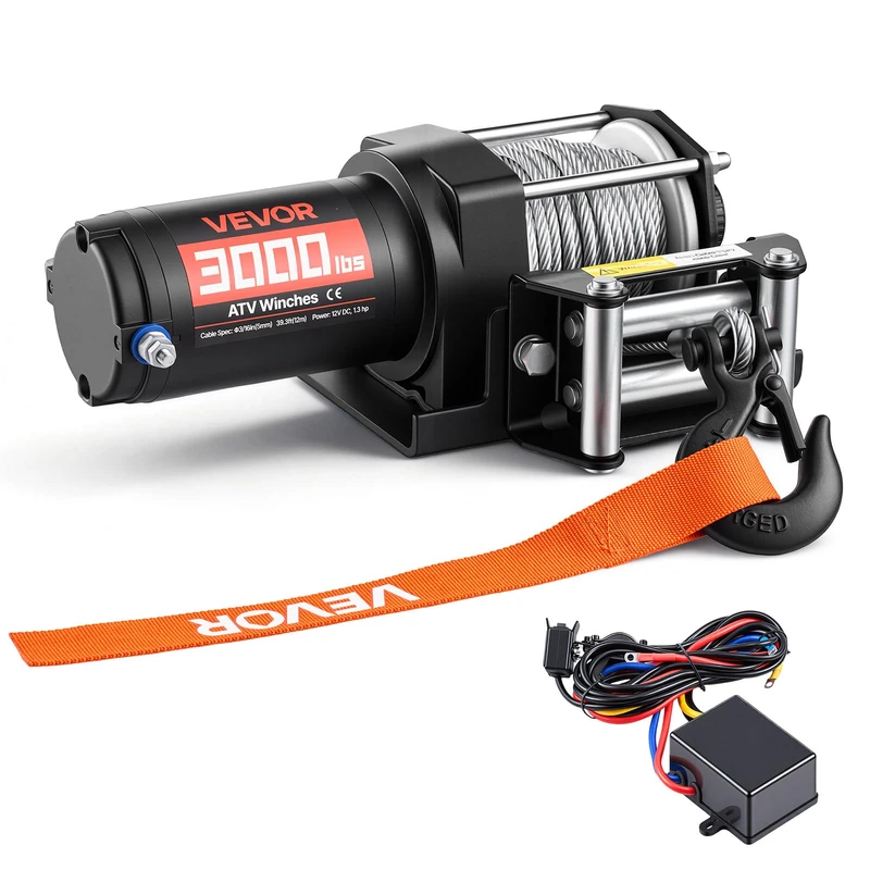 VEVOR Electric Winch 1360kg, 12V DC Motor Winch with Φ4.7mm x 12m Steel Cable & Wired Remote Control, IP55, Aluminium Housing, Electric Winch for Towing ATVs, Black