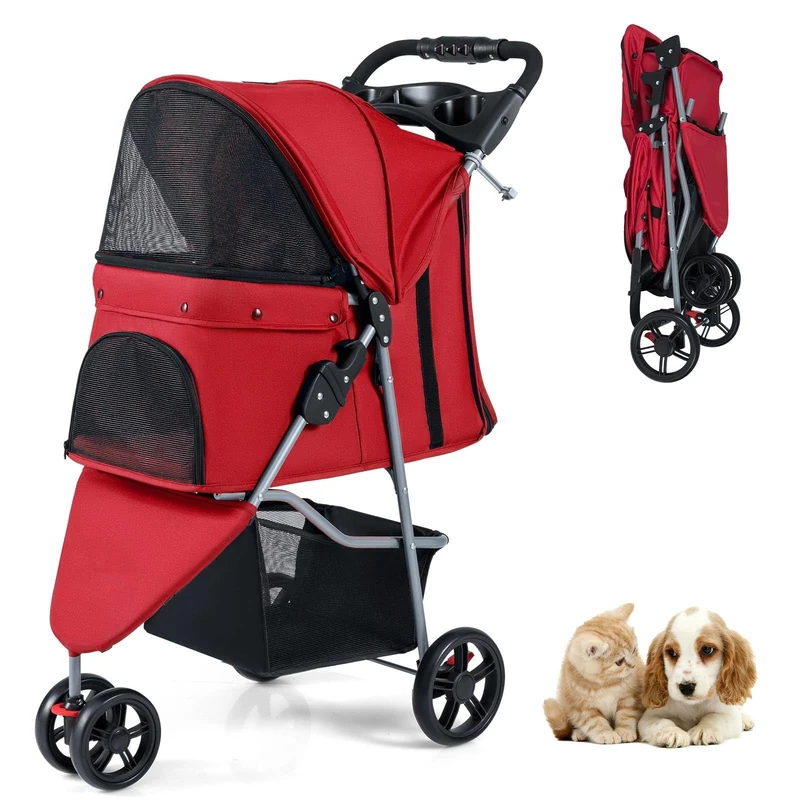 SFAREST Folding Pet Stroller, Portable Pet Travel Pushchair with Adjustable Canopy, 3 Shock-Absorbing Wheels, Storage Basket and Cup Holder, 3 Wheel Pet Travel Carrier for Dogs and Cats (Red)