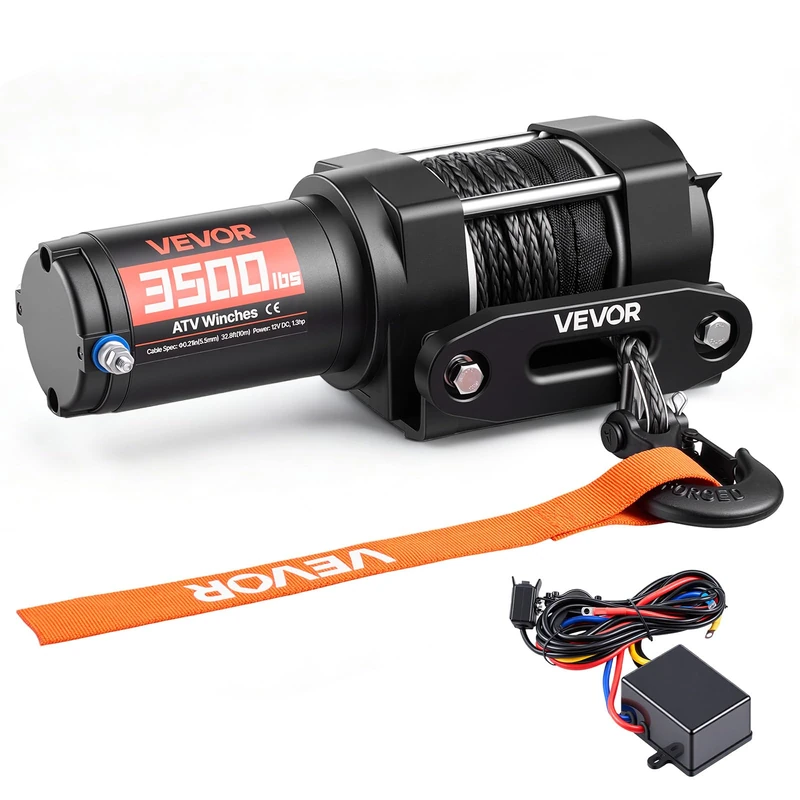 VEVOR Electric Winch 3500Lb, 12V DC Motor Winch with 5.3mm x 10m Synthetic Rope & Wired Remote Control, IP55, Aluminium Housing, Electric Winch for Towing ATVs, Black