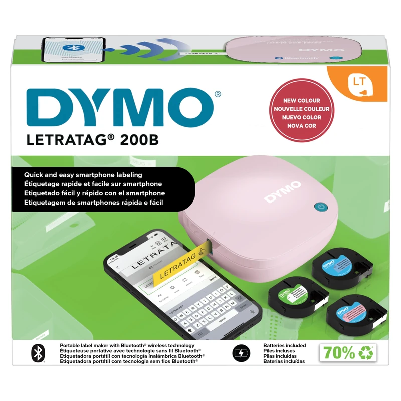Dymo LetraTag 200B Pink Bluetooth Label Maker Value Pack | Compact Printer | Connects Through Bluetooth Wireless Technology to iOS and Android | Includes 3 Assorted Label Tapes