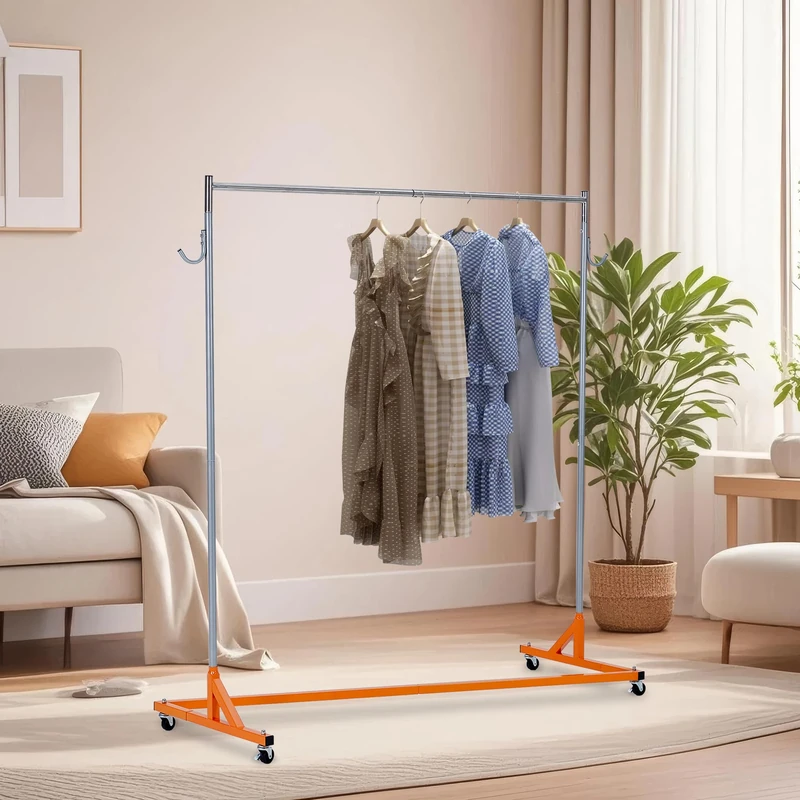 GarveeHome Z-Shaped Metal Clothes Rack with Side Hooks and Dust Protection, Space-Saving Hallway Stand with Lockable Wheels, for Living Room and Retail Stores
