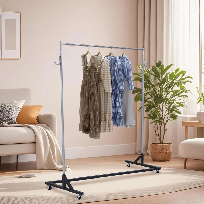 GarveeHome Z-Shaped Metal Clothes Rack with Side Hooks and Dust Protection, Space-Saving Hallway Stand with Lockable Wheels, for Living Room and Retail Stores
