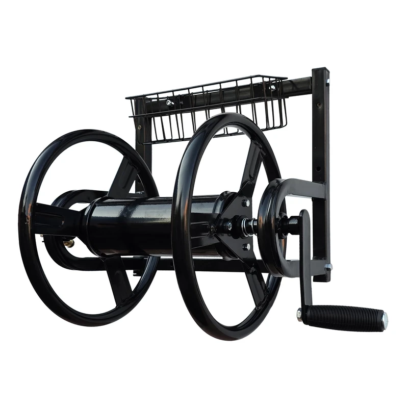 Relaxdays Stainless Steel Hose Reel, Wall Mount, 40m, Click Coupling, 56x48x42cm, Black