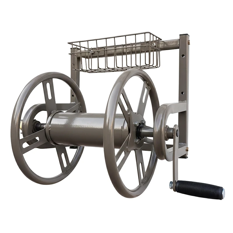 Relaxdays stainless steel hose reel with click coupling, wall mounting, 40 m, 56 x 48 x 42 cm, brown