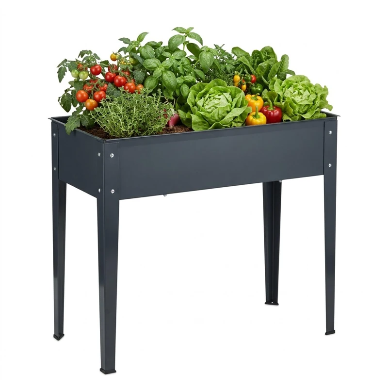 Relaxdays Raised Garden Planter for Balcony & Terrace, Powder-Coated Steel, 80x85x40 cm, Anthracite