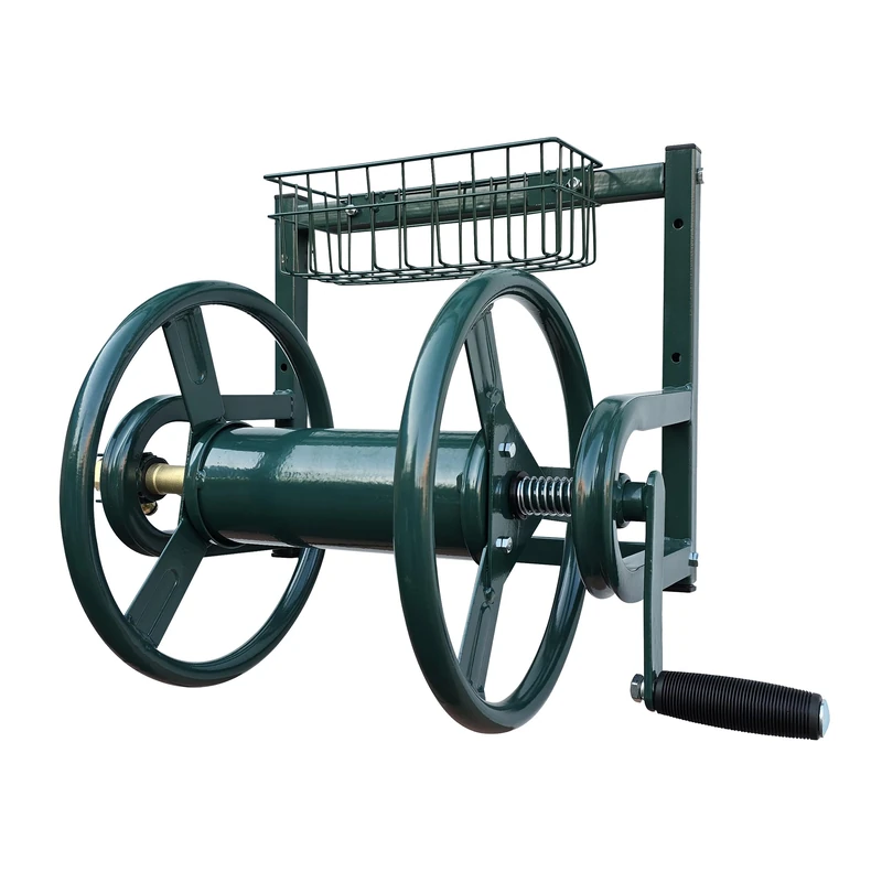 Relaxdays Stainless Steel Hose Reel, Wall-Mounted, 40 m, Click Coupling, 56x48x42 cm, Green