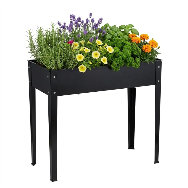 Relaxdays Raised Garden Planter in Black, Powder-Coated Steel, 80x85x40 cm for Balcony, Terrace & Garden