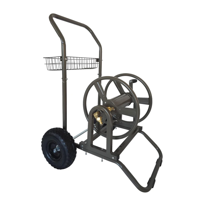Relaxdays Hose Trolley 60m with Click Coupling, Steel Frame, Removable Reel, 2 Pneumatic Tires, Brown 94x66x60cm