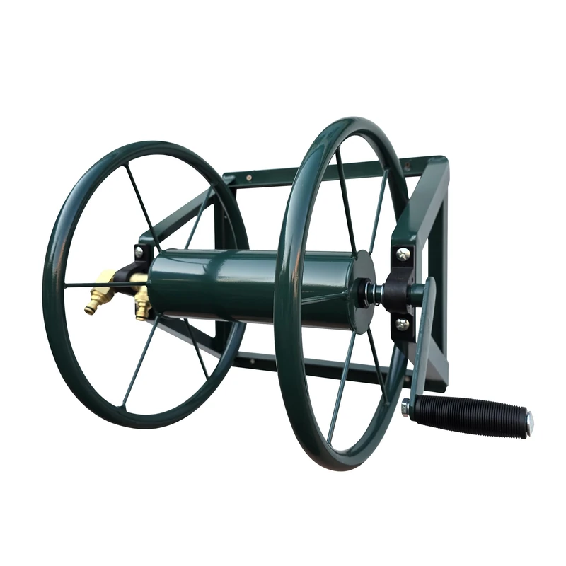 Relaxdays Stainless Steel Hose Reel, Wall-Mount with Quick-Connect, 60m, Green, 55x48x42 cm - Image 1