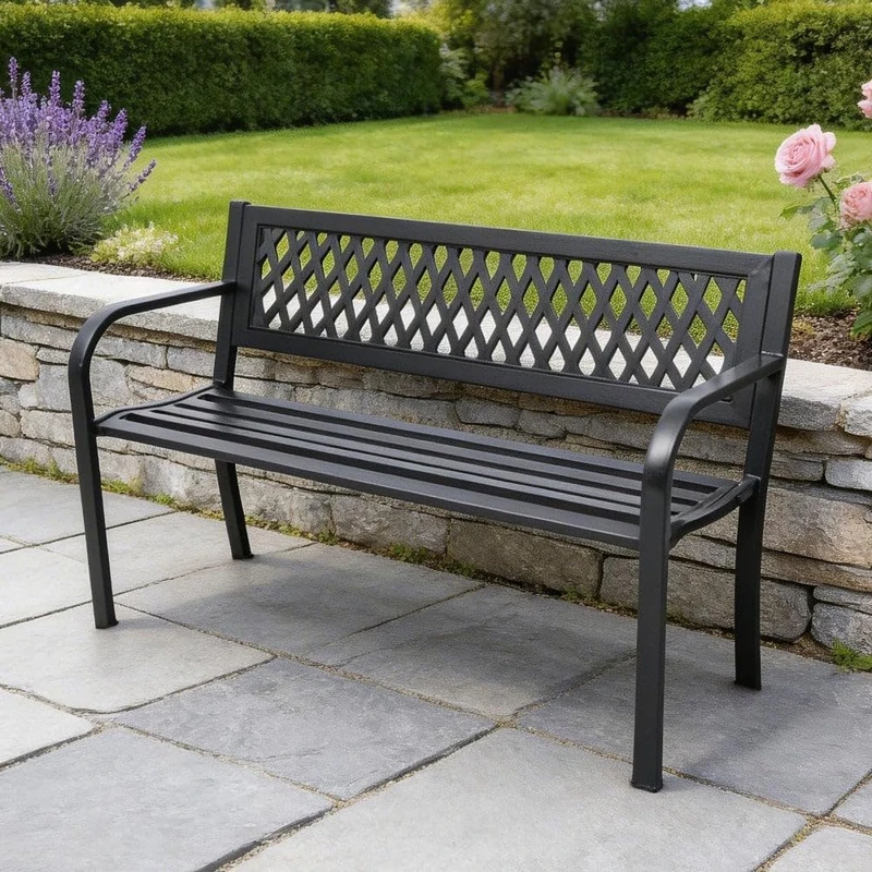Home Source Lara Metal Garden Bench – Black, Lattice Back Design | 119W x 50D x 75H cm | 2-Seater Outdoor Bench