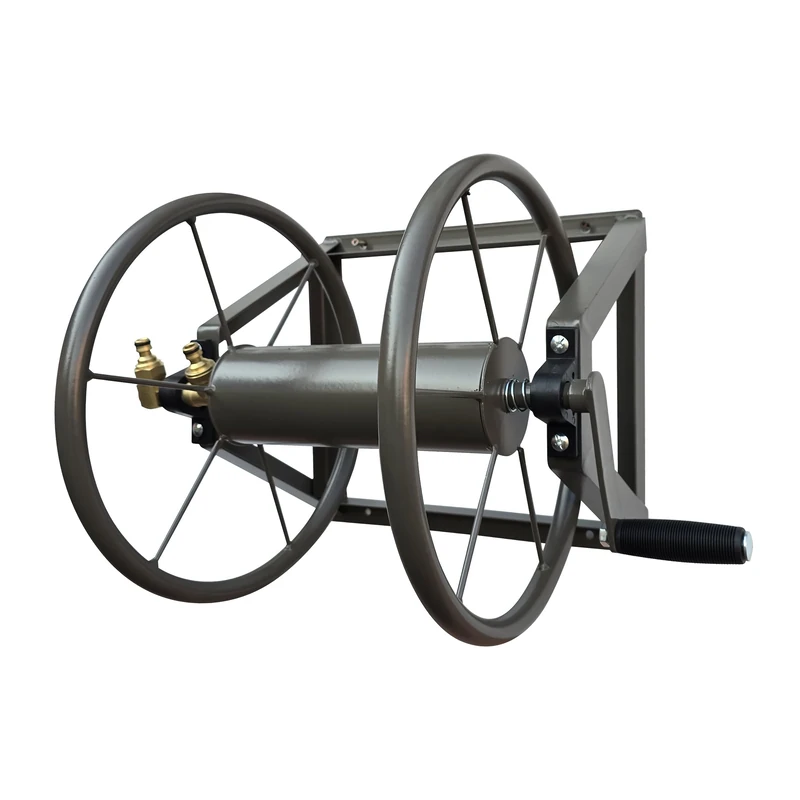 Relaxdays hose reel with crank, stainless steel, 60 m, wall mount, click connector, 55x48x42 cm, brown
