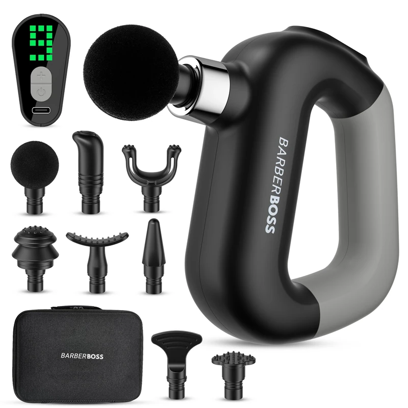 BarberBoss Small Massage Gun, Muscle Massager with 9 Intensity Levels, Portable Handheld Massage Gun with Carry Case, 8 Interchangeable Heads, Muscle Massager with Silicone Grip Design, QR-3641