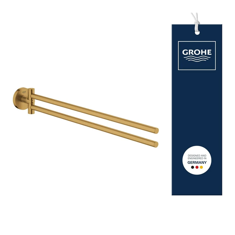 GROHE Start Towel Bar (Metal, Pivotable 2 Arms, Concealed Fastening, Including Screws and Dowels, Easy to Fit), Size 439 mm, Gold Brushed Cool Sunrise, 41183GN0 - Image 1