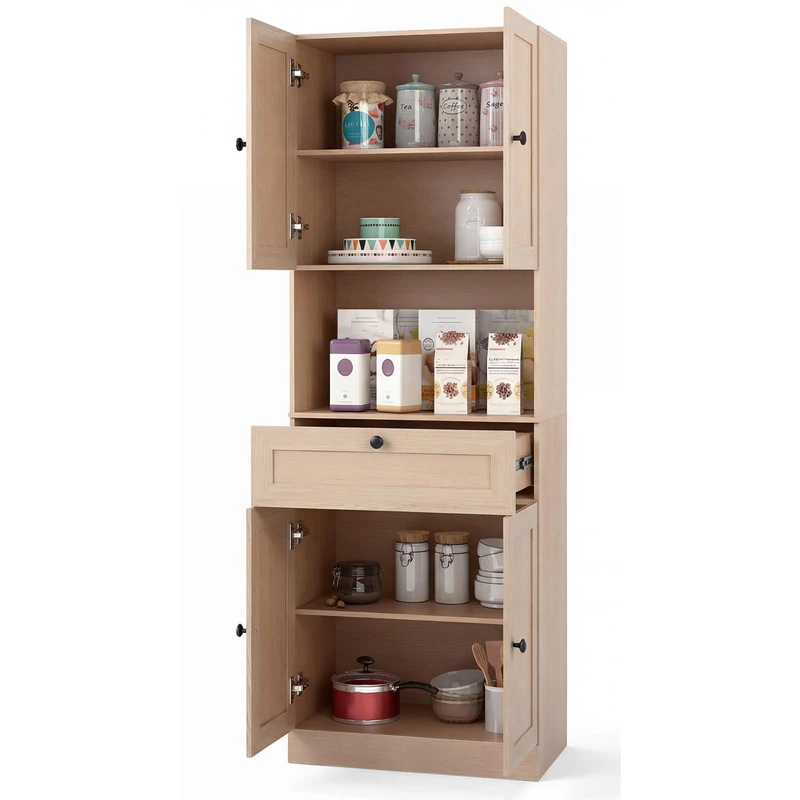 GiantexUK Tall Kitchen Cupboard, 171.5cm Freestanding Pantry Cabinet with 4 Doors, Adjustable Shelves & 1 Drawer, Wooden Storage Cabinet for Kitchen Dining Living Room (Natural)
