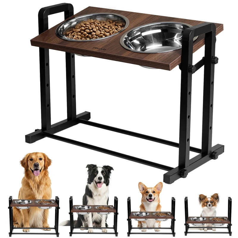Peluvio Misty Raised Dog Bowls with Stand, Adjustable Height for Comfortable Feeding, Stable Metal Frame, Easy Clean 304 Stainless Steel Inserts, Neat Dog Feeding Station, Height 14-32 cm, 2 x 1200 ml