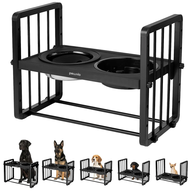 Peluvio Levee Raised Dog Bowls with Stand, Adjustable Height Feeding Station with 10° Tilt, Slow Feeder Bowl and Anti Splash Water Bowl, Stable Metal Base for Tidy Floors, 1100 ml, 1450 ml, 2.16 kg