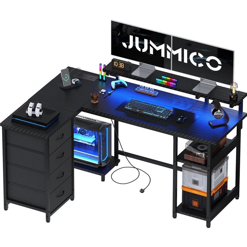 JUMMICO 155cm L‑Shaped Gaming Desk with Monitor Shelf & Power Outlets, Reversible Corner Computer Desk with Drawers & Storage Shelves for Home Office, Sturdy Steel Frame with LED Lights, Carbon Black