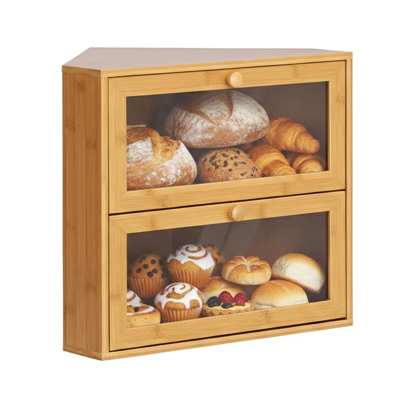 Relaxdays Corner Bread Bin, Bamboo, 2 Tiers, Viewing Window, Space-Saving, Natural, 35x40x27.5 cm
