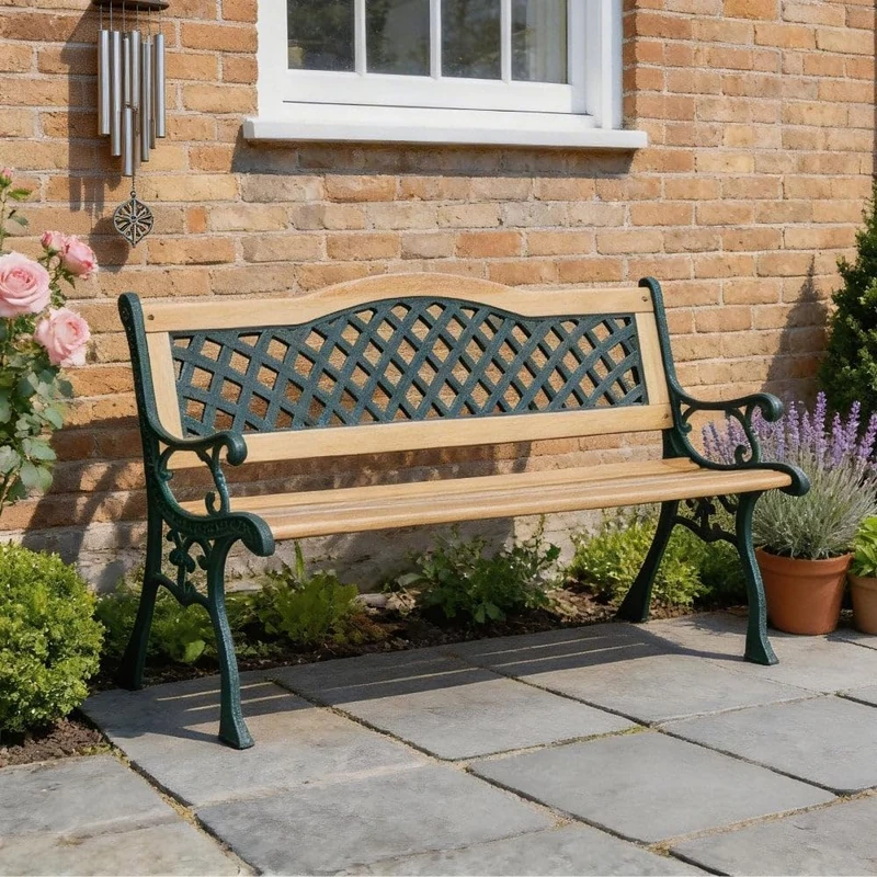 Home Source Lorien Wooden Garden Bench – Verdigris, Lattice Back Design | 125W x 52D x 76H cm | 2-Seater Outdoor Bench