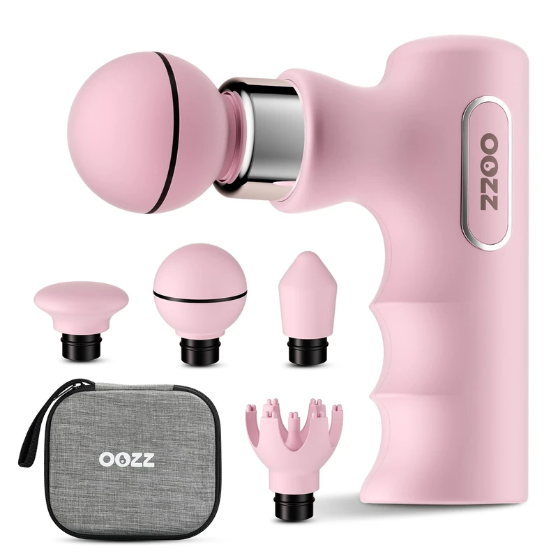 OOZZ Mini Massage Gun, Portable Handheld Muscle Massager with Storage Pouch, Ultra-Small, 5 Intensity Levels, 4 Interchangeable Heads, Lightweight Body Massager, Present for Women, OZ-3621