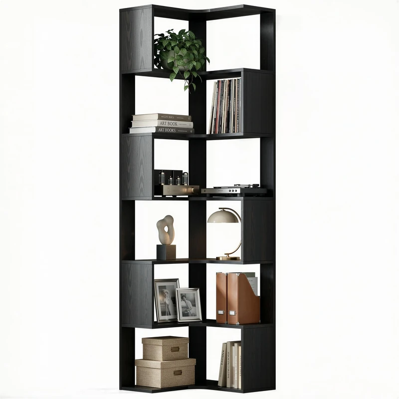IRONCK Corner Bookshelf 6-Tier, 204cm Tall L-Shaped Bookcase with Anti-Drop Panel, Corner Shelf Storage Display Rack, Shelving Units for Living Room Bedroom Office, Black