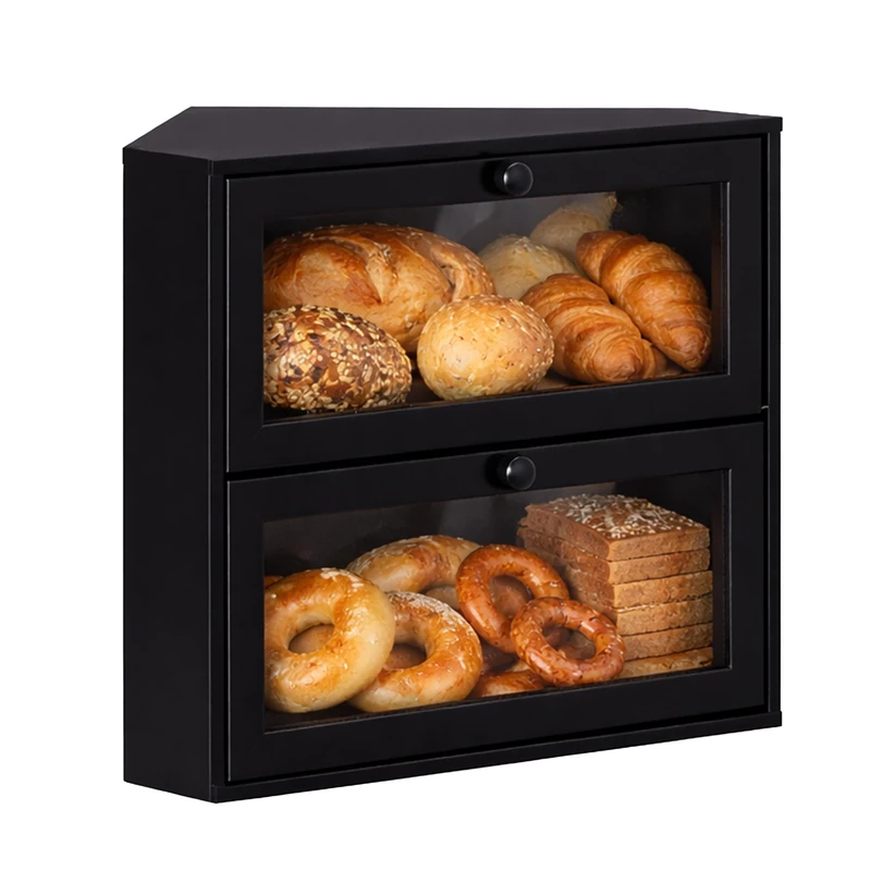 Relaxdays Corner Bamboo Bread Bin with Viewing Window, 2-Tier, 35x40x27.5cm Black