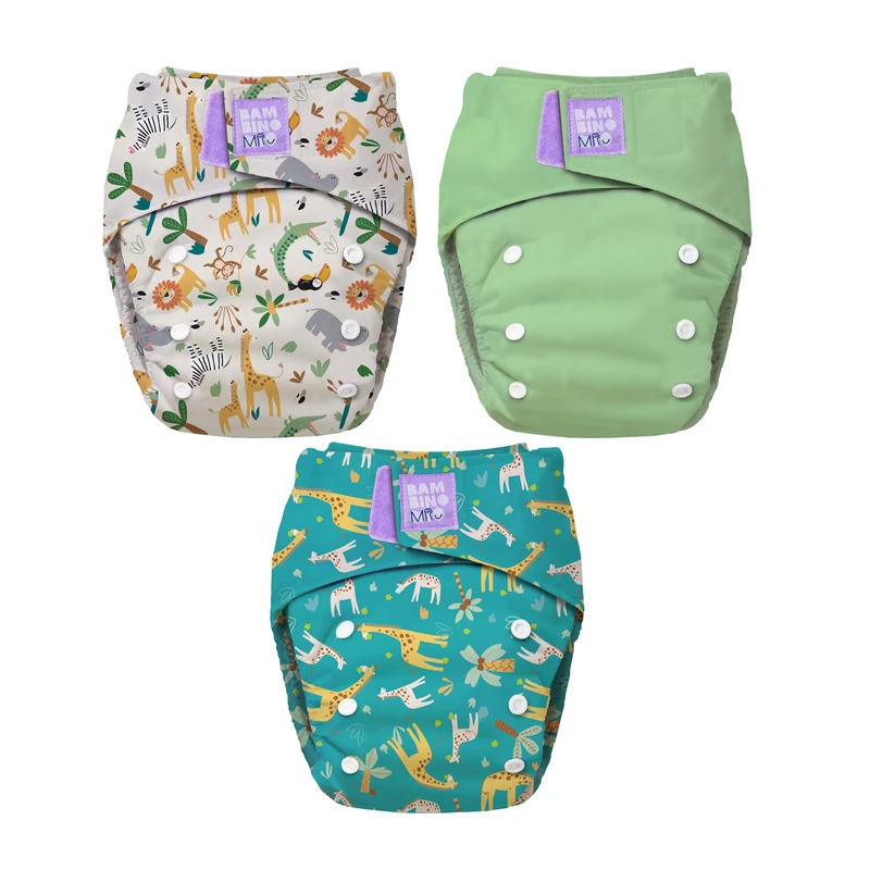 Bambino Mio 3 Pack Revolutionary Reusable Nappy (Wild Life) – Birth to Potty Cloth Nappy | Chemical-Free, Leak-Proof, Adjustable Washable Nappy with Bamboo Booster | Oeko-TEX Certified Baby Diaper