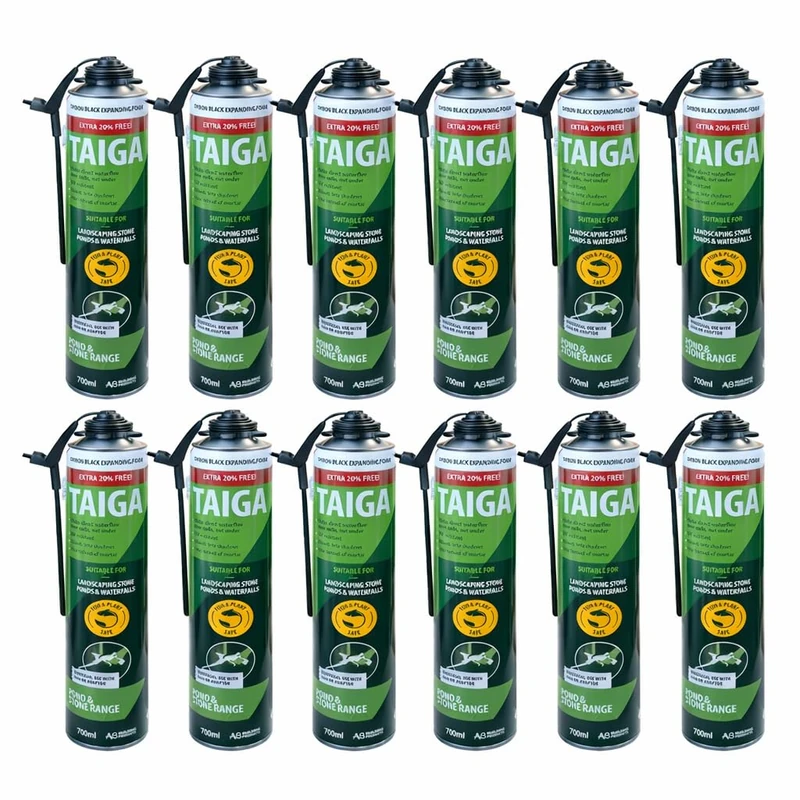12 x Taiga Landscape Carbon Black Expanding Foam PU | Landscape - Pond - Waterfall 700ml - Applicators + Gloves Included - Multi Use - Image 1