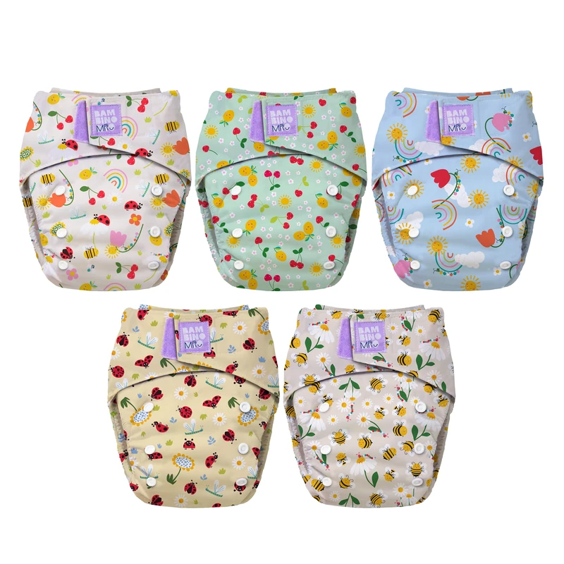Bambino Mio 5 Pack Revolutionary Reusable Nappy (Garden Party) – Birth to Potty Cloth Nappy | Chemical-Free, Leak-Proof, Adjustable Washable Nappy with Bamboo Booster, Oeko-TEX Certified Baby Diaper