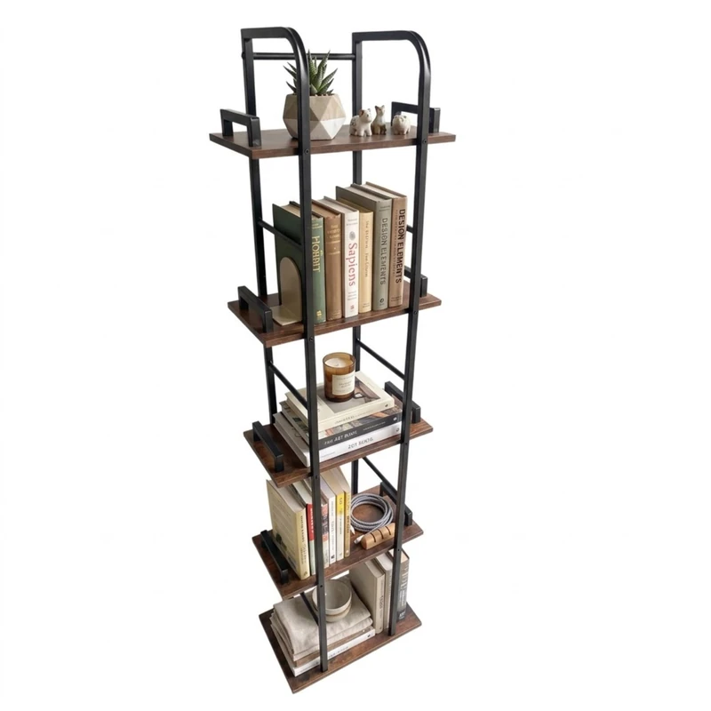 Relaxdays Freestanding Shelf with 5 Open Shelves, Living Room/Kitchen/Hallway, Black/Brown, 143 x 38 x 24 cm