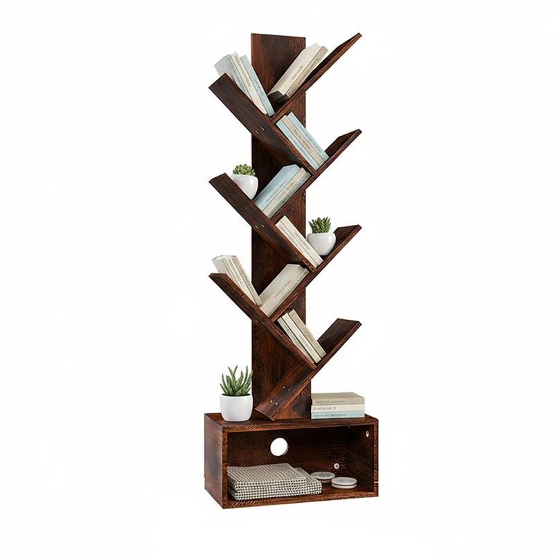 Relaxdays 6-Tier Tree Bookcase for Books and CDs, 113x38x20 cm, Brown, Living Room Storage