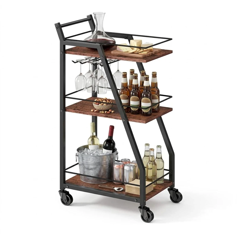 Relaxdays kitchen trolley, 3 shelves, glass holder, industrial, H x W x D 83x39x29 cm, serving trolley, brown/black