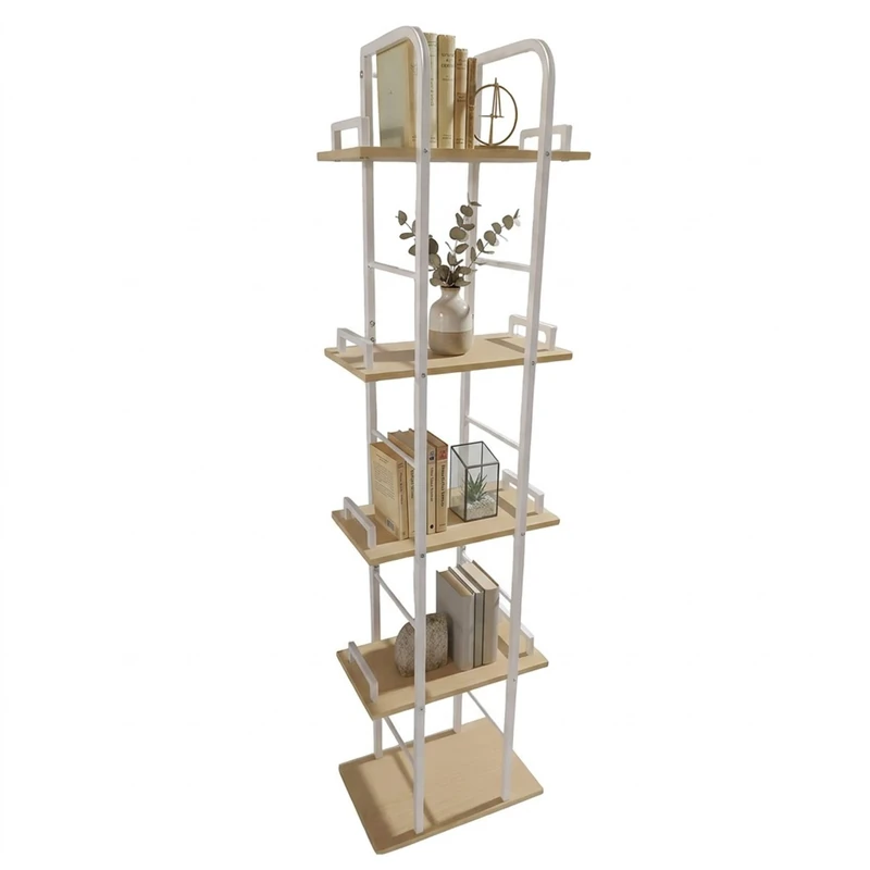 Relaxdays standing shelf with 5 open shelves, 143x38x24cm, for living room, kitchen, hallway, white/natural - Image 1