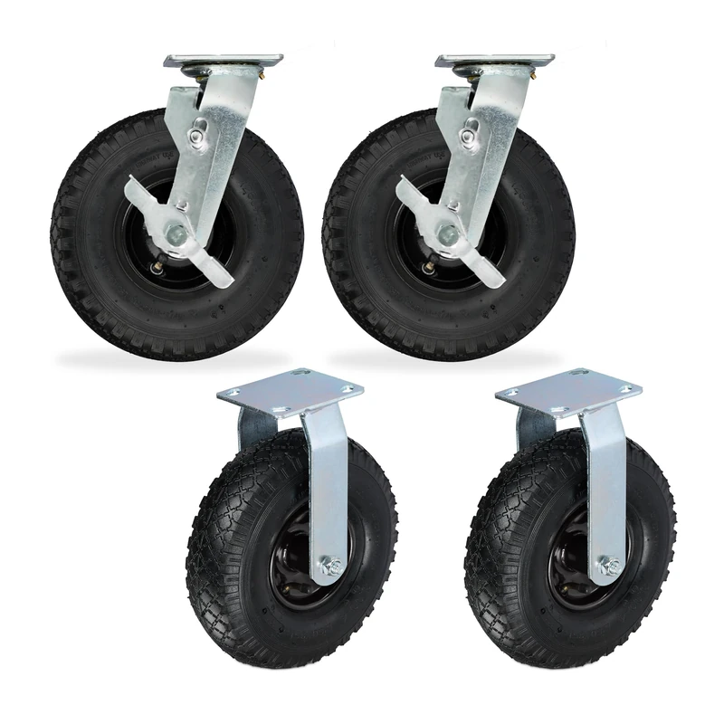 Relaxdays Set of 4 Pneumatic Heavy-Duty Castors 3.00-4, Fixed & Swivel, 120kg, Black & Silver, 34x26x13.5cm
