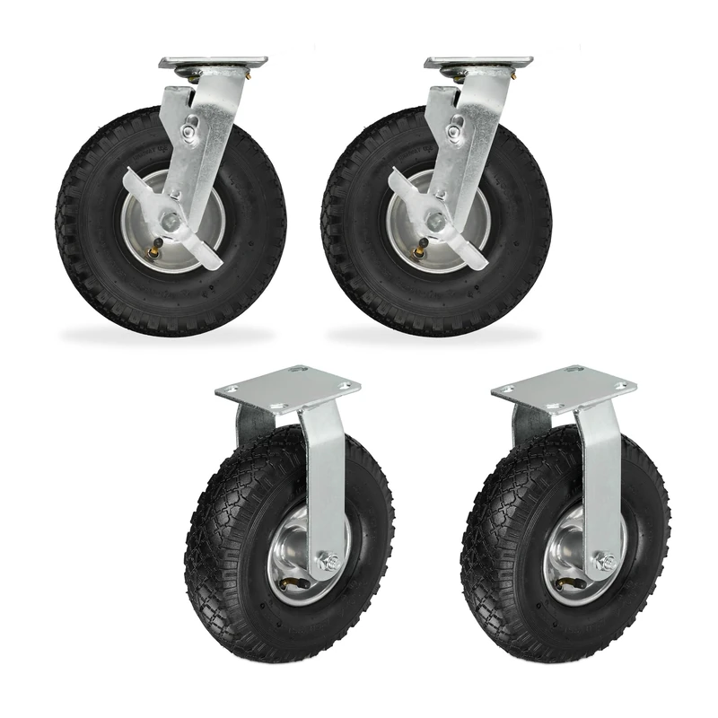 Relaxdays Swivel Castors Set of 4 with Pneumatic Tyres 3.00-4, Heavy Duty, Mounting Plate, Up to 480 kg, Black/Silver, 7