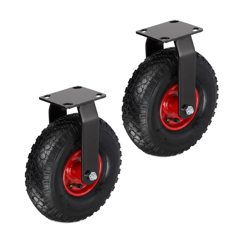 Relaxdays Fixed Castor Set, 2 pcs, 3.00-4 Pneumatic Tyres, Rubber & Steel, Heavy-Duty, Black/Red | 29x26x13.5 cm