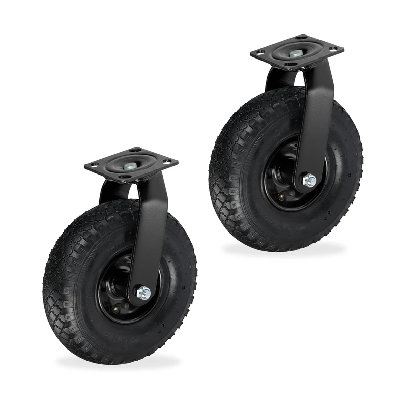 Relaxdays Set of 2 Castor Wheels with Pneumatic Tyres 3.00-4, Heavy-Duty, Bolt-On Plate, 120kg, Black, 26x26x31cm