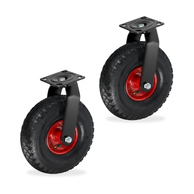 Relaxdays Swivel Castor Set of 2 with Pneumatic Tyres 3.00-4, Heavy-Duty, Mounting Plate, 120 kg, Black-Red, 26x26x31 cm