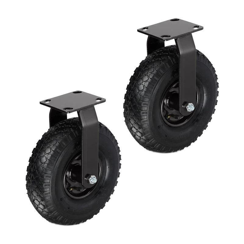 Relaxdays Fixed Castor Set of 2, 3.00-4 Pneumatic Rubber Tyres, Steel Plate, Heavy-Duty, Black, 29 x 26 x 13.5 cm - Image 1