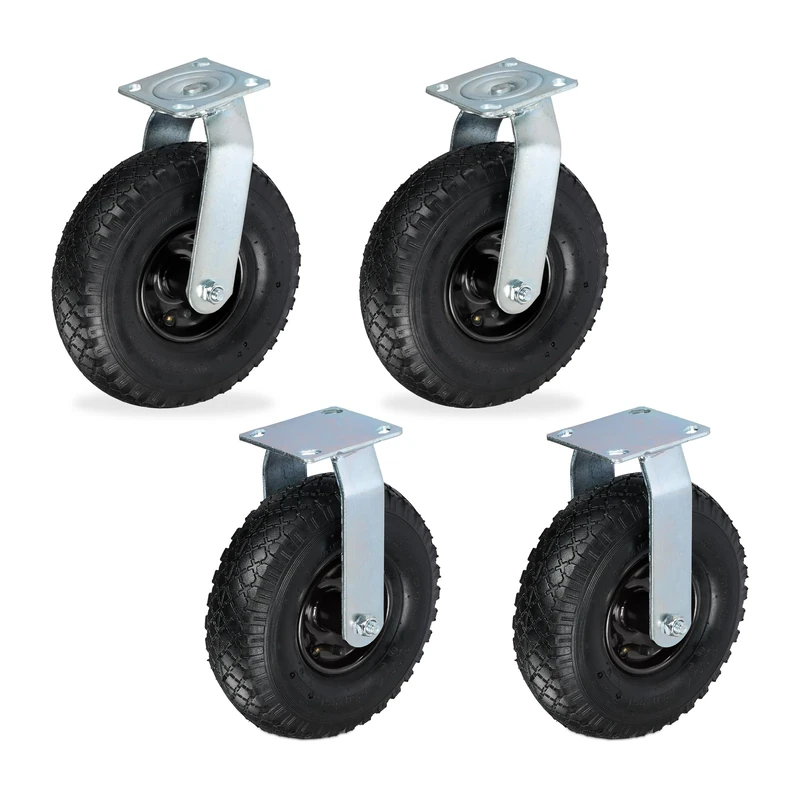 Relaxdays 2x Fixed & 2x Swivel Castor Set with Pneumatic Tyres, 3.00-4, Heavy-Duty, Transport 120 kg, Black