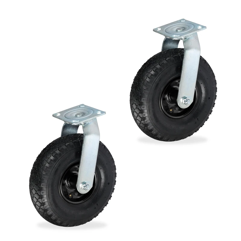 Relaxdays Set of 2 Swivel Castors with Pneumatic Tires, 3.00-4, Heavy-Duty, Screw-On, Max 240 kg, Black/Silver, 30x26x13
