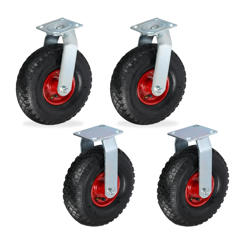 Relaxdays 2x Fixed + 2x Swivel Castor Set with Pneumatic Tyres, Heavy-Duty Wheels, 3.00-4, 120kg Capacity, Black