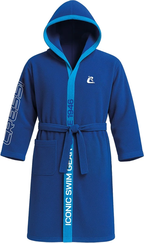 Cressi since 1946 - Microfiber Bathrobe - Men's and Women's, Soft, 100% Quick Drying, Pockets, Hood and Belt, for the Gym, Pool, Beach, Home and Travel - Blue/Light Blue - XS/S