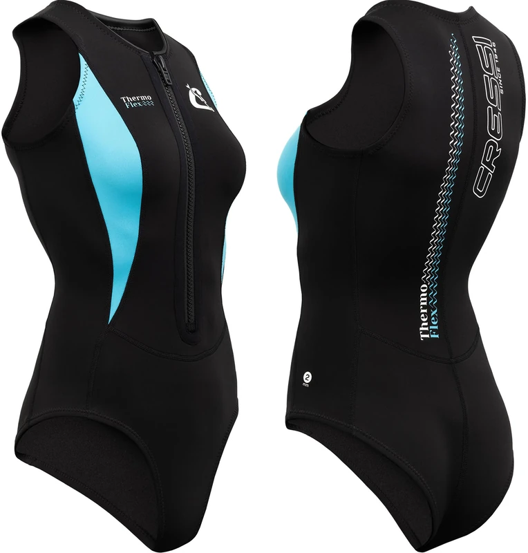 Cressi since 1946 - Thermoflex Lady - One Piece Swimsuit in Soft Double Lined Neoprene 2mm Ideal for Swimming, Snorkelling, AquaFitness, Various Water Sports - Black/Aquamarine - L/4