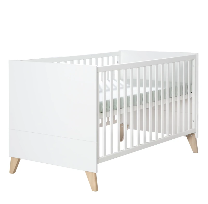 roba Wooden Convertible Cot "Leon" (70 x 140 cm) - Height-Adjustable with 3 Removable Rungs - Baby Bed Convertible to Toddler Bed - Modern Design with Solid Wood Feet – White