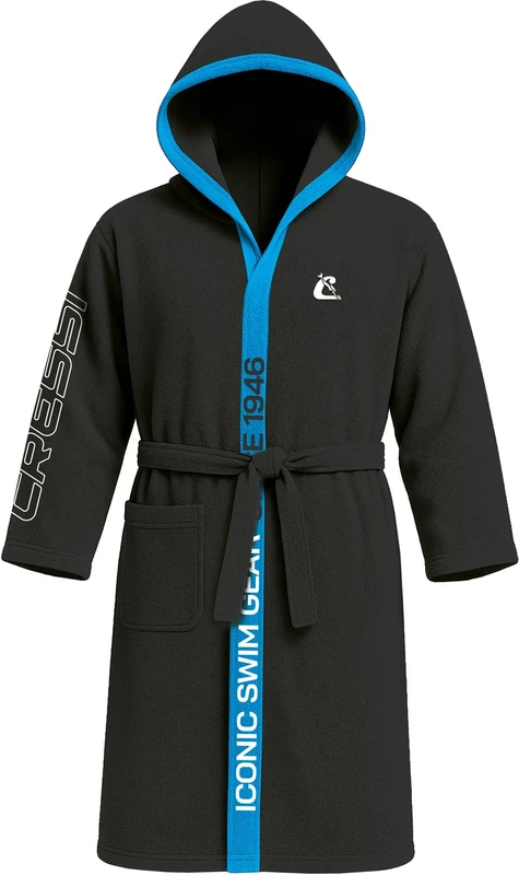 Cressi since 1946 - Microfiber Bathrobe - Men's and Women's, Soft, 100% Quick Drying, Pockets, Hood and Belt, for the Gym, Pool, Beach, Home and Travel - Black/Light Blue - M/L