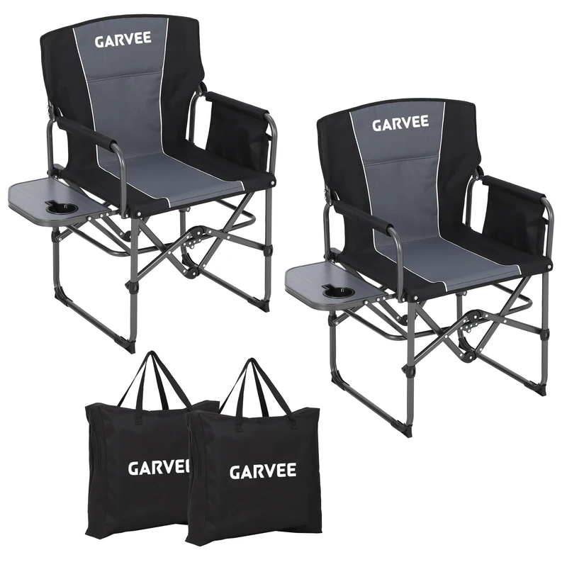 GarveeLife Oversized Directors Camping Chair 2PCS, Portable Folding Chair for Adults Support 400 lbs, Heavy Duty Lawn Chair with Side Table, for Camping, Sports, Picnic, Beach, Fishing，Black