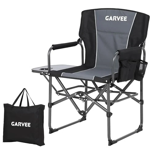 GarveeLife Oversized Directors Camping Chair, Portable Folding Chair for Adults Support 400 lbs, Heavy Duty Lawn Chair with Side Table, for Camping, Sports, Picnic, Beach, Fishing (1 PCS, Black)