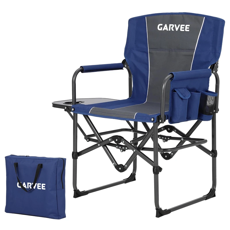 GarveeLife Oversized Directors Camping Chair, Portable Folding Chair for Adults Support 400 lbs, Heavy Duty Lawn Chair with Side Table, for Camping, Sports, Picnic, Beach, Fishing (1 PCS, Blue)