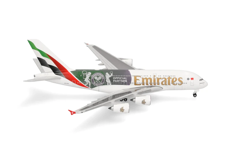 Herpa airplane model Emirates Airbus A380 "Wimbledon Official Partner" on a scale of 1:500, metal miniature without pedastal, model building, collectors edition